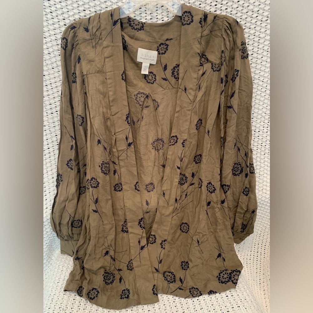 Hinge Women’s Olive Taupe Cardigan-Style Top, Button Cuff Sleeves; Size XS